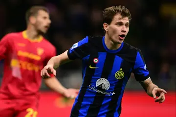 Nicolo Barella celebrates scoring his second goal of the season