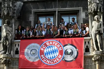 Bayern Munich's men's and women's team celebrate winning their respective Bundesliga titles at the end of the 2022-23 season