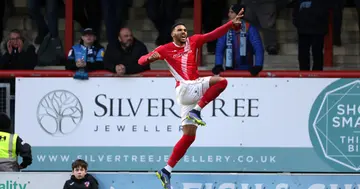 Jonah Ayunga celebrates scoring their side's second goal of the game during the Sky Bet League One match at The Mazuma Stadium, Morecambe. Picture date: Saturday January 22, 2022. (Photo by Richard Sellers/PA Images via Getty Images)