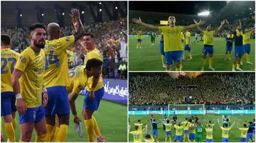 Cristiano Ronaldo, Al-Nassr, celebration, Viking Chant, Al-Awwal Park, fans, Al-Ahli, Saudi Pro League, goals, brace