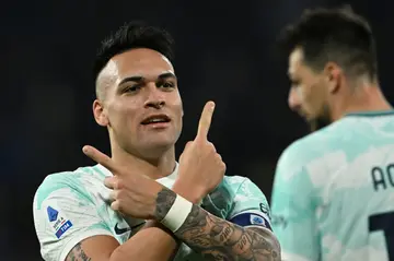 Fighting back: Inter Milan's Lautaro Martinez celebrates his two goals which took his league tally for the season to 11