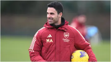 Mikel Arteta looks on during a training session at London Colney. Photo by Stuart MacFarlane.