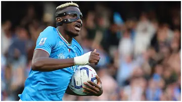 Victor Osimhen celebrates SSC Napoli's first goal during the Serie A football match against AS Roma on Sunday, April 28. Photo: Cesare Purini.