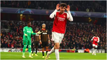 Kai Havertz celebrates after scoring during the UEFA Champions League match between Arsenal FC and RC Lens at Emirates Stadium. Photo by Chris Brunskill.