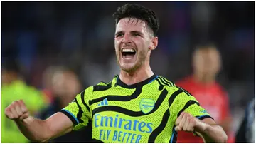 Arsenal's Declan Rice celebrates after the Premier League match between Crystal Palace and Arsenal FC at Selhurst Park. Photo by Stuart MacFarlane.