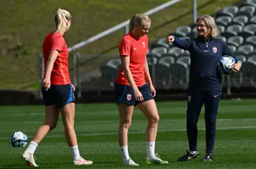 Norway head coach Hege Riise (R) is without the injured Ada Hegerberg against the Philippines