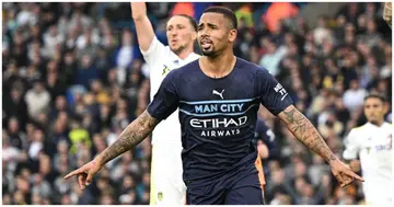 Brazilian striker Gabriel Jesus celebrates after scoring their third goal during the English Premier League football match between Leeds United and Man City at Elland Road. Photo by Oli SCARFF.