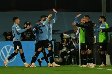 Uruguay's midfielder Nicolas De La Cruz celebrates one of his two goals in the 3-1 win over Chile