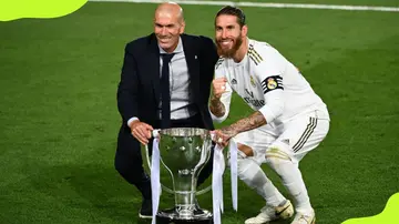 Zinedine Zidane(L) celebrating La Liga victory with Sergio Ramos(R)