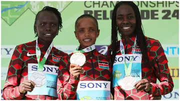 Beatrice Chebet (cetntre) led other Kenyans in claiming medals at the World Athletics Cross Country Championships. Photo: Srdjan Stevanovic.