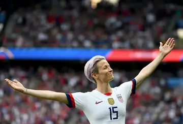 United States' forward Megan Rapinoe celebrates scoring her team's first goal during the France 2019 Women's World Cup quarter-final match against France