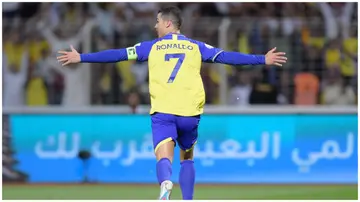 Cristiano Ronaldo celebrates after scoring during the Saudi Pro League match between Al-Wehda and Al Nassr at King Abdul Aziz Stadium. Photo by Khalid Alhaj.