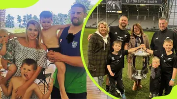Dane Coles poses with his wife, kids, and parents