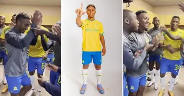 Lucas Costa singing and dancing with his Mamelodi Sundowns teammates.