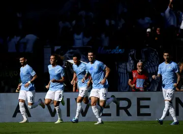 Lazio's Argentine midfielder  Valentin Castellanos (L) celebrates after scoring against Atalanta in Rome