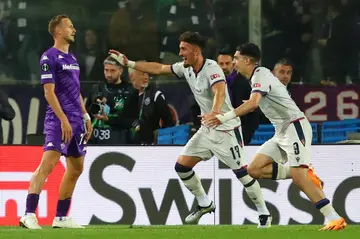 FC Basel forward Zeki Amdouni (R) celebrates scoring against Fiorentina