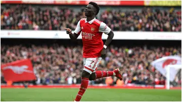 Bukayo Saka celebrates after scoring during the Premier League match between Arsenal FC and Crystal Palace at Emirates Stadium. Photo by Shaun Botterill.