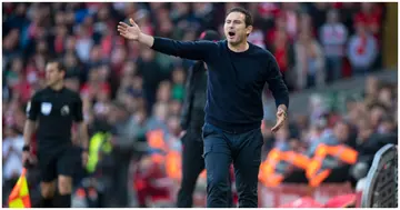 Frank Lampard reacts during the Premier League match between Liverpool and Everton at Anfield. Photo by Visionhaus.
