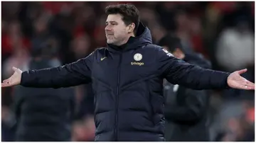 Mauricio Pochettino reacts during the Premier League match between Liverpool FC and Chelsea FC at Anfield. Photo by Clive Brunskill.