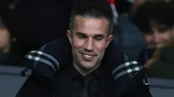 Robin van Persie arrives ahead of the Premier League match between Manchester United and Aston Villa at Old Trafford. Photo by Matthew Peters.