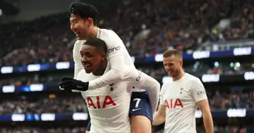 Steven Bergwijn celebrates with teammates after scoring a goal to make it 5-1 during the Premier League match between Tottenham Hotspur and Newcastle United. Photo by James Williamson.