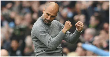Pep Guardiola celebrates his side's second goal during the English Premier League football match between Man City and Man United. Photo: Paul ELLIS.