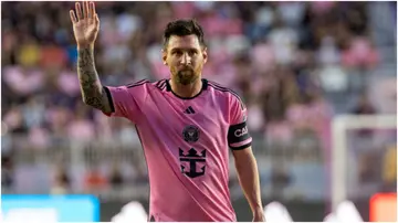 Lionel Messi waves during the MLS football match between Orlando City and Inter Miami FC at Chase Stadium. Photo by Chris Arjoon.