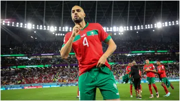 Sofyan Amrabat in action during the FIFA World Cup Qatar 2022 Round of 16 match between Morocco and Spain at Education City Stadium. Photo by Charlotte Wilson.