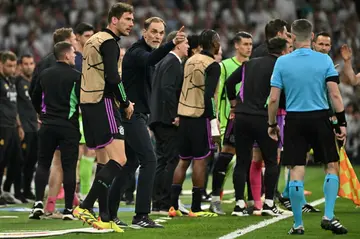 Bayern Munich coach Thomas Tuchel gestures to the linesman during his side's Champions League semi-final second leg defeat at Real Madrid