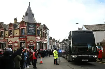 Manchester United's team bus arrives at Liverpool's Anfield ground