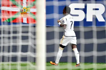 Real Madrid's Vinicius Junior celebrates scoring the opening goal in his team's rout of Osasuna on Saturday