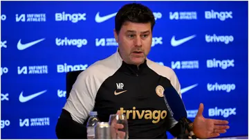 Mauricio Pochettino speaks during a press conference at Chelsea Training Ground. Photo by Darren Walsh.