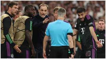 Thomas Tuchel fumes at the assistant referee during the UEFA Champions League semi-final second-leg match between Real Madrid and Bayern Munich. Photo: Alexander Hassenstein.