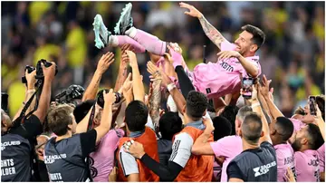 Inter Miami's Lionel Messi celebrates with teammates after winning the Leagues Cup final. Photo by Chandan Khanna.