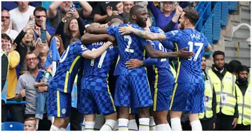 Chelsea players celebrate their goal during the Premier League match between Chelsea and Wolves at Stamford Bridge. Photo by Stephanie Meek.