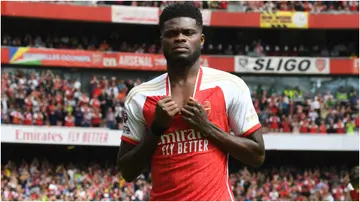 Thomas Partey in action during the Premier League match between Arsenal FC and Nottingham Forest at Emirates Stadium. Photo by David Price.