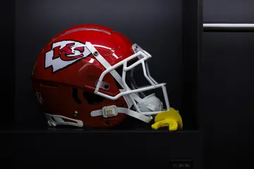 A detailed view of Isiah Pacheco's helmet in the locker room before the NFL Super Bowl LVIII football game at Allegiant Stadium on February 11, 2024, in Las Vegas, Nevada