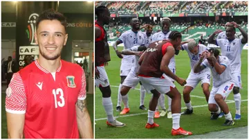 Aitor Embela was a happy man after Equatorial Guinea took the lead against Nigeria. Photo: Issouf Sanogo.