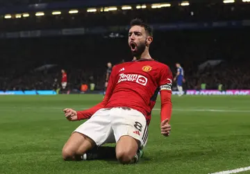 Bruno Fernandes of Manchester United celebrates scoring their second goal during the Premier League match between Chelsea FC and Manchester United at Stamford Bridge
