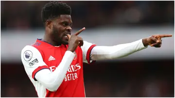 Thomas Partey celebrates after scoring during the Premier League match between Arsenal and Leicester City at Emirates Stadium. Photo by Catherine Ivill.