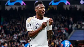Vinicius Junior celebrating his goal during the Champions League match between Real Madrid and RB Leipzig. Photo by Ma de Gracia Jimenez.