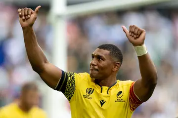 Damian Willemse waves the fans after their sides victory during the Rugby World Cup France 2023