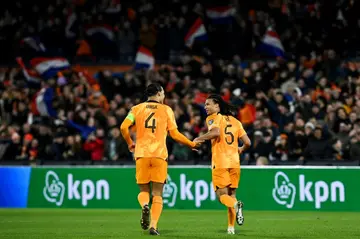 Netherlands defender Nathan Ake (R) won the Champions League with Man City last weekend ahead of the Nations League finals