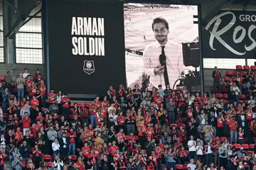 A portrait of slain AFP video reporter Arman Soldin is displayed on a giant screen at Rennes