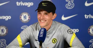 Thomas Tuchel of Chelsea speaks during a press conference at Chelsea Training Ground on August 13, 2021 in Cobham, England. (Photo by Darren Walsh/Chelsea FC via Getty Images)
