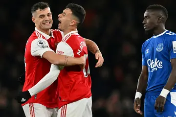 Arsenal's Gabriel Martinelli (C) celebrates scoring against Everton