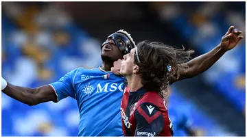 Victor Osimhen vies for the ball with Riccardo Calafiori during the Serie A clash between Napoli and Bologna at the Stadio Diego Armando Maradona on May 11, Italy. Photo: Photo Agency.