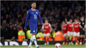 Pierre-Emerick Aubameyang looks dejected during the Premier League match between Arsenal FC and Chelsea FC at Emirates Stadium. Photo by Alex Pantling.