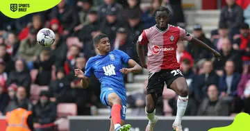 Southampton's FC Kamaldeen Sulemana (right) challenges Cody Drameh (left) of Birmingham for the ball during a match at Friends Provident St. Mary's Stadium on October 28, 2023