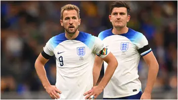 Harry Kane and Harry Maguire look on during the UEFA Nations League League A match between Italy and England at San Siro. Photo by Michael Regan.